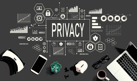 Privacy theme with electronic gadgets and office suppliesの写真素材