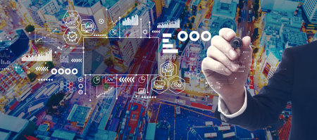 Digital Transformation concept with businessman in city at nightの写真素材