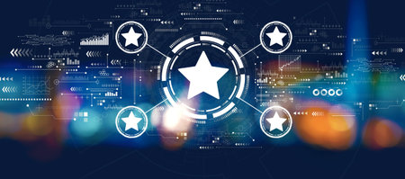 Rating star concept with blurred city at nightの写真素材
