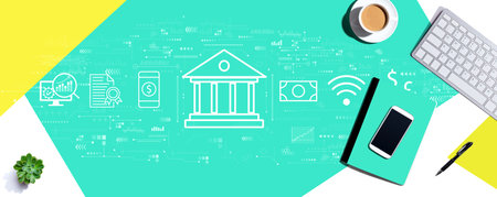 Online banking concept with computer keyboard and office itemsの写真素材
