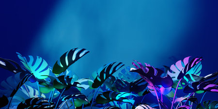 Tropical monstera leaves with neon light - 3Dの写真素材