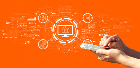 Cryptocurrency fintech theme with person using a smartphoneの写真素材