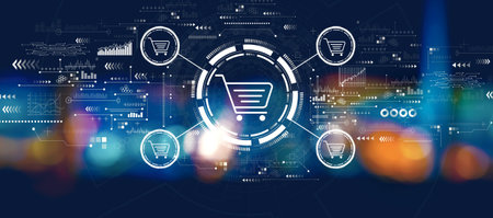 Online shopping theme with blurred city at nightの写真素材