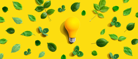 Yellow light bulb with green leavesの写真素材