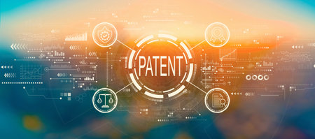 Patent concept with blurred city at sunset or sunriseの写真素材