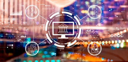 Cryptocurrency fintech theme with big city at nightの写真素材