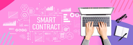 Smart contract theme with person using a laptopの写真素材
