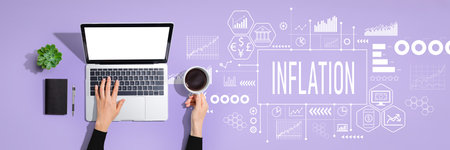 Inflation theme with person using laptop computerの写真素材