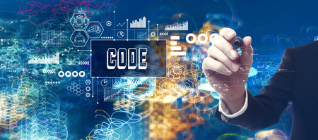 Code theme with businessman in a bokeh neon light trails city backgroundの写真素材