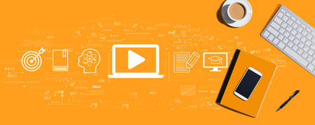 Webinar concept with computer keyboard and office itemsの写真素材