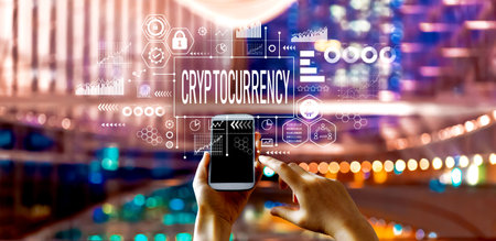 Cryptocurrency theme with big city at nightの写真素材