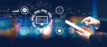 Social media theme with businessman using a tablet computerの写真素材