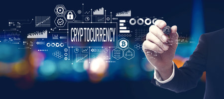 Cryptocurrency theme with businessman at nightの写真素材