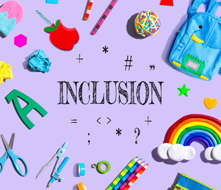 Inclusion Theme with school supplies on a purple backgroundの写真素材