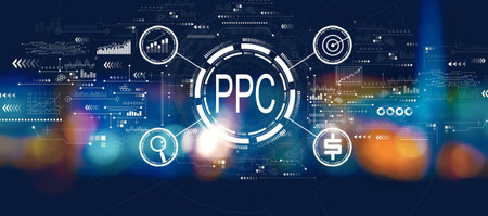 PPC - Pay per click concept with blurred city at nightの写真素材