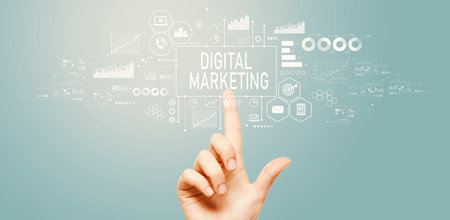 Digital marketing with hand pressing a buttonの写真素材