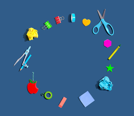 Collection of school supplies overhead viewの写真素材