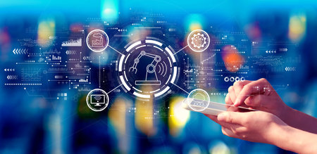 Smart industry concept with person using a smartphone at nightの写真素材