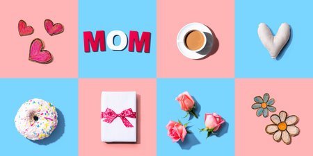 Mothers day theme with gift box, hearts and rosesの写真素材