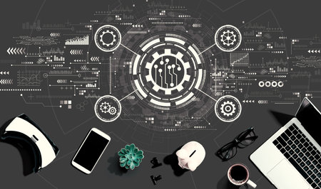 Automation concept with electronic gadgets and office suppliesの写真素材