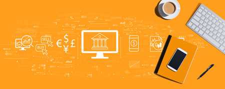 Fintech theme with computer keyboard and office itemsの写真素材