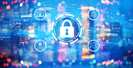 Internet network security concept with blurred city at nightの写真素材