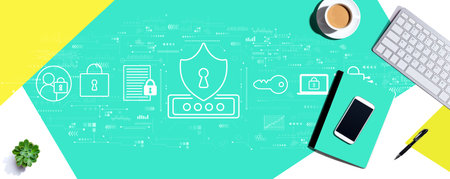 Cyber security theme with computer keyboard and office itemsの写真素材