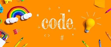 Learn to Code theme with school supplies - flat layの写真素材