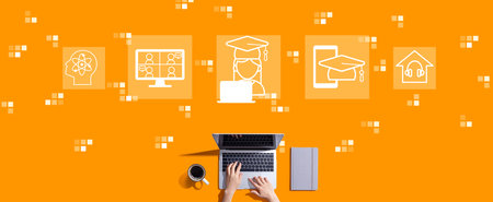 Distance learning theme with person working with laptopの写真素材