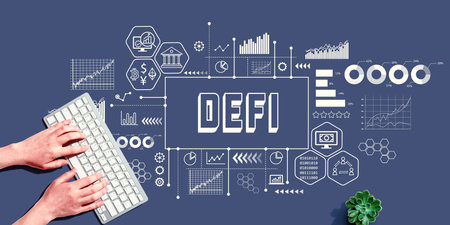 DeFi theme with person using pc keyboardの写真素材