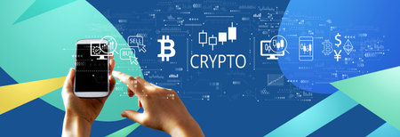 Crypto Trading theme with person using smartphoneの写真素材