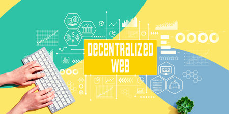 Decentralized Web theme with person using computer keyboardの写真素材