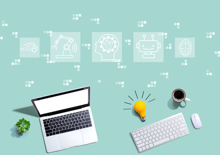 Future technology concept with computers with a light bulbの写真素材