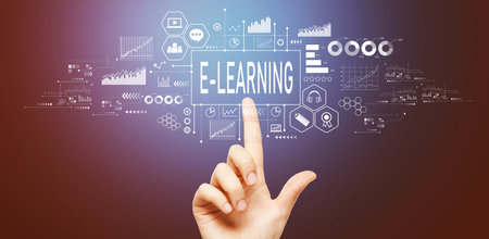 E-Learning theme with hand pressing a buttonの写真素材