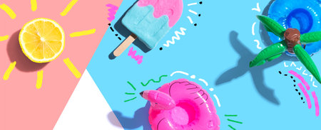 Summer concept with a flamingo float, lemon sunlight and an ice creamの写真素材
