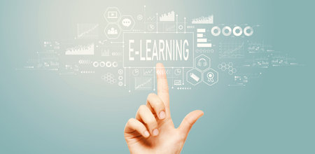 E-Learning theme with hand pressing a buttonの写真素材