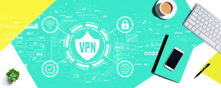 VPN concept with computer keyboard and office itemsの写真素材