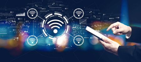 Wifi theme with businessman using a tablet computerの写真素材