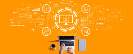 Cryptocurrency fintech theme with person working with laptopの写真素材