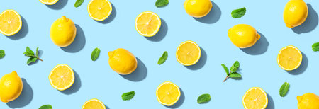 Fresh yellow lemons with mints overhead viewの写真素材