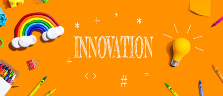 Innovation theme with school supplies - flat layの写真素材