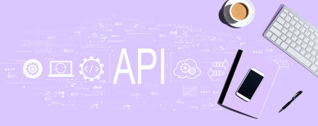 API - application programming interface concept with computer keyboard and office itemsの写真素材