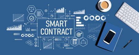 Smart contract theme with computer keyboard and office itemsの写真素材