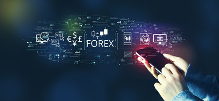 Forex trading concept with person using smartphoneの写真素材