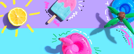Summer concept with a flamingo float, lemon sunlight and an ice creamの写真素材