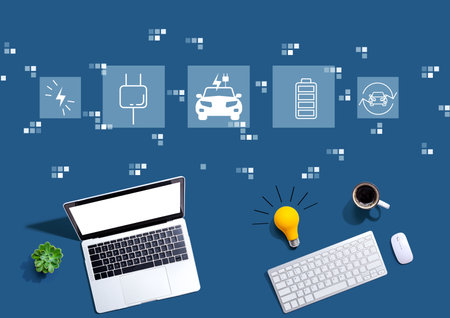 EV concept with computers with a light bulbの写真素材
