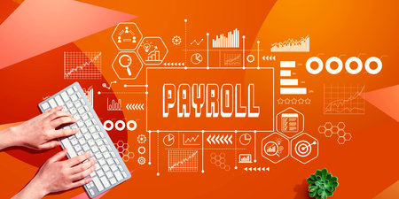 Payroll theme with person using computer keyboardの写真素材