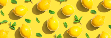Fresh yellow lemons with mints overhead viewの写真素材