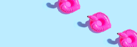 Summer concept with pink flamingo floatsの写真素材