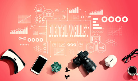 Digital Wallet theme with electronic gadgets and office suppliesの写真素材